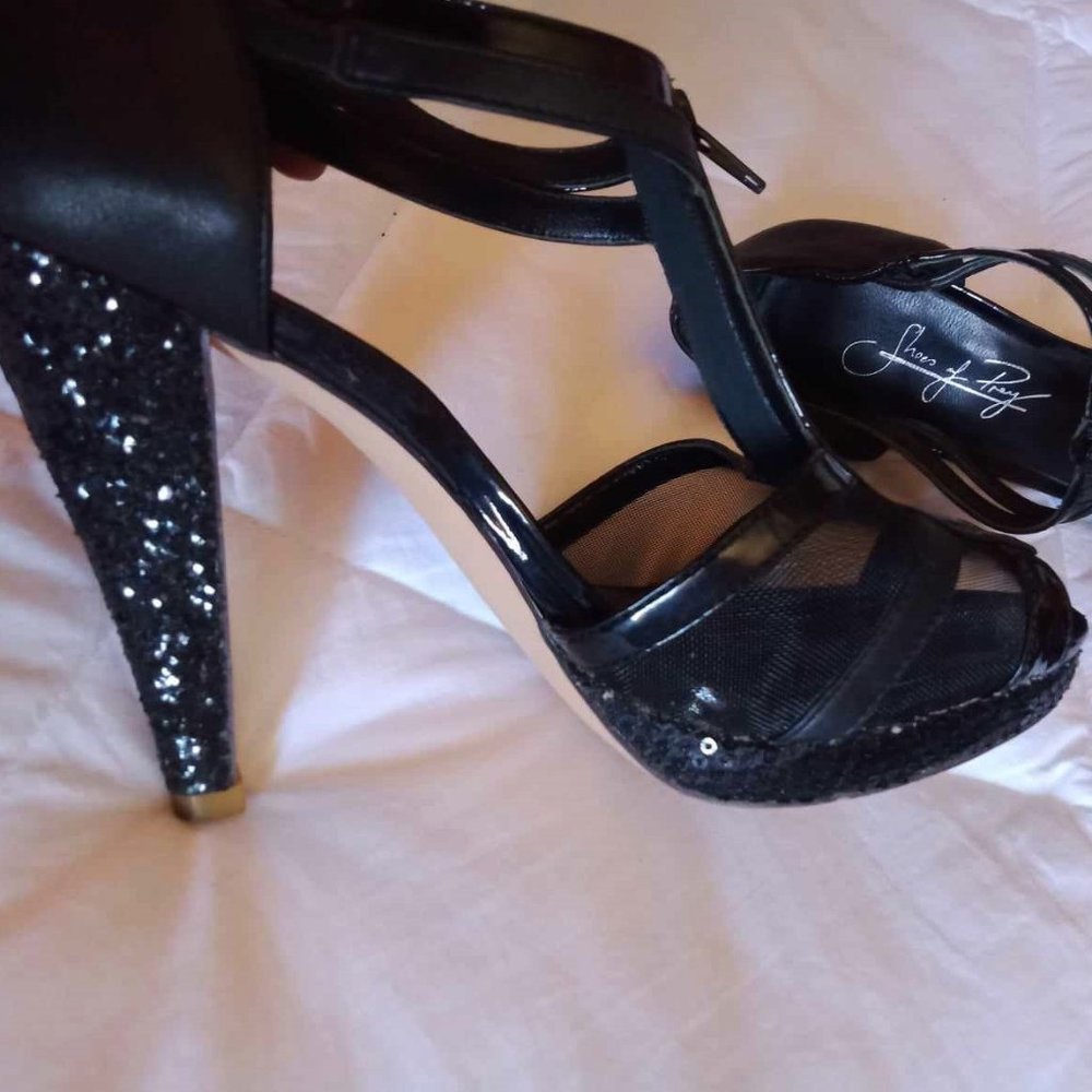 Shoes of Prey Deluxe Custom sequins zipper T-bar sexy black heels - Picture 1 of 7